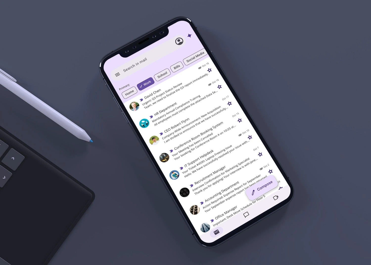 Gmail with a labels row on an iPhone rendered by Andrew Mulert